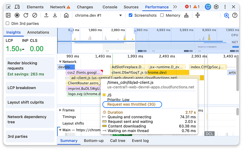 Performance面板中显示请求节流详情