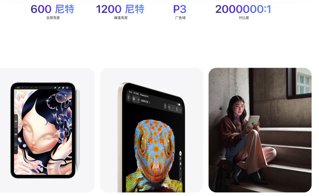 iPad mini 8屏幕参数展示:600尼特全屏亮度、1200尼特峰值亮度、P3广色域