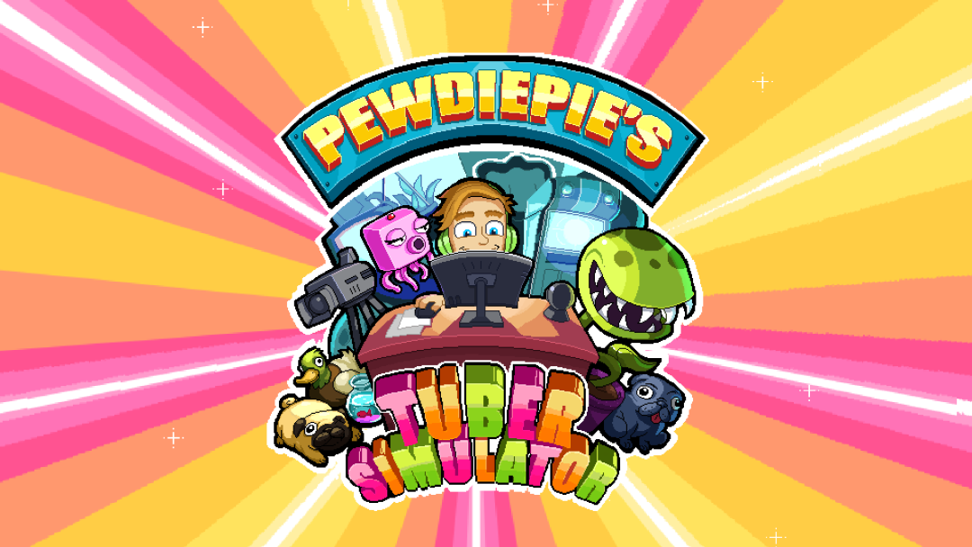 《PewDiePie's Tuber Simulator》游戏封面,卡通角色围绕电脑前的PewDiePie