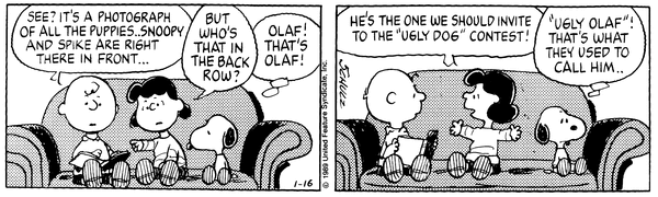 查理·布朗与露西讨论奥拉夫的漫画