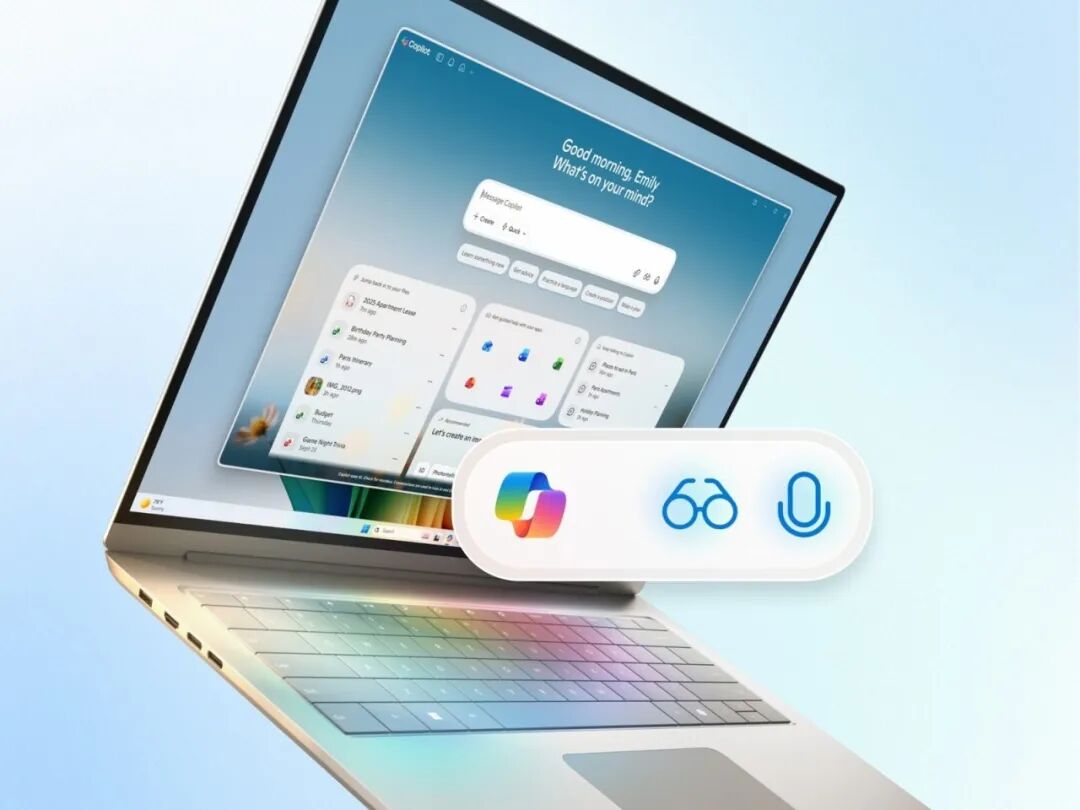 Microsoft Copilot AI助手界面悬浮于笔记本电脑屏幕前