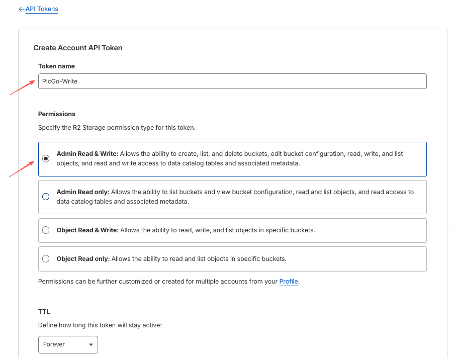 创建账户API令牌的权限配置界面