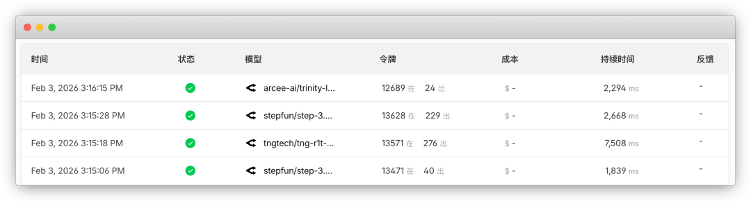 AI Gateway 日志显示使用多种免费模型的请求
