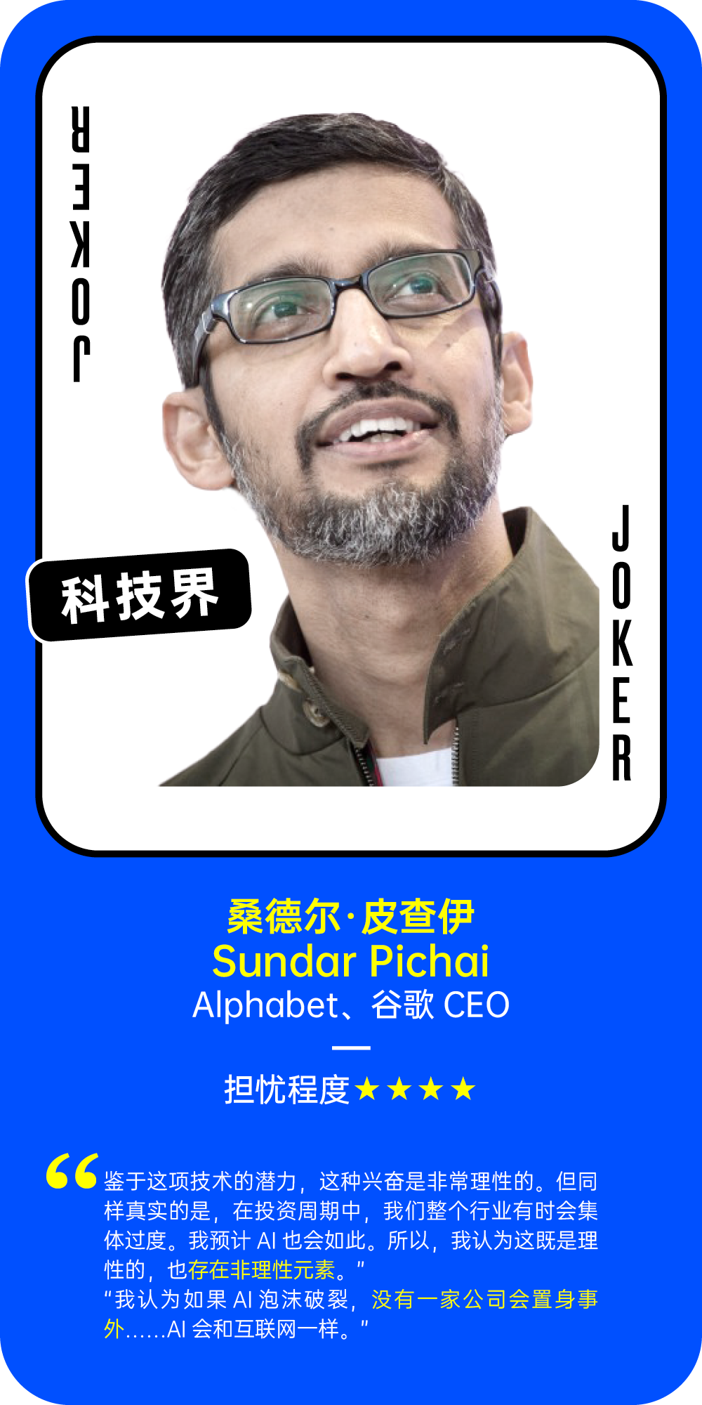 桑德尔·皮查伊关于AI泡沫的担忧程度观点卡