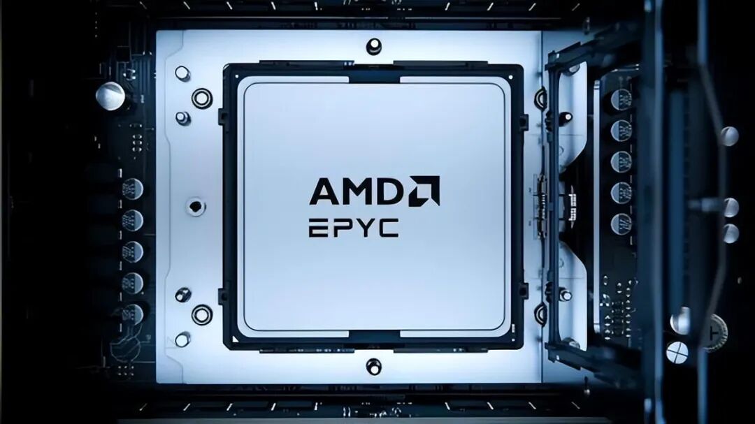 安装在主板上的AMD EPYC处理器特写，银白色金属表面印有AMD标志