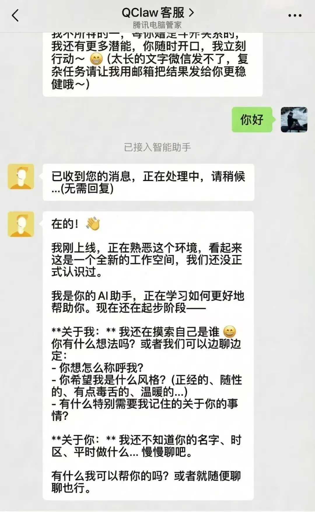 QClaw客服对话界面示例