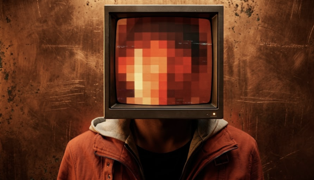 戴着电视头套的人物，象征匿名与监视