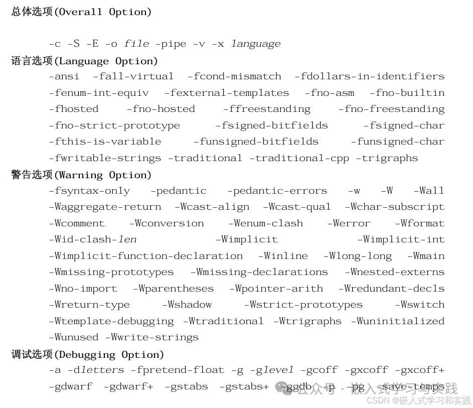 GCC编译选项分类概览图