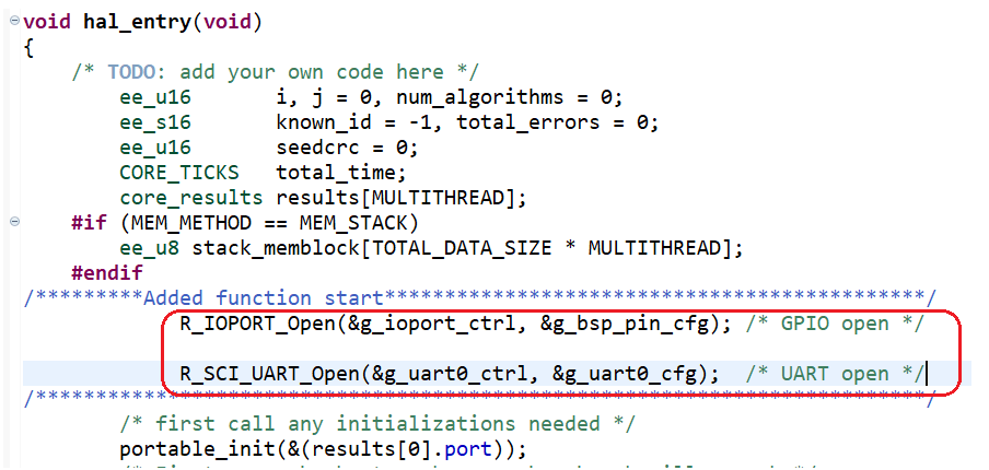 在hal_entry函数中初始化UART和GPIO