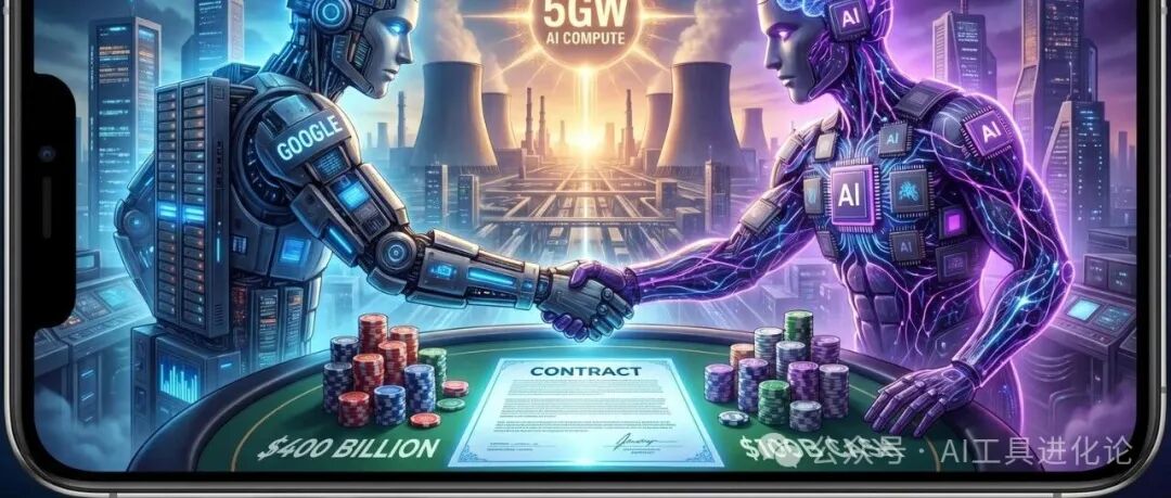 科幻风格插画：左侧蓝色谷歌机械人形与右侧紫色发光AI机器人，在标有4000亿与1000亿美元的未来赌桌前握手，背景为核电站与城市天际线