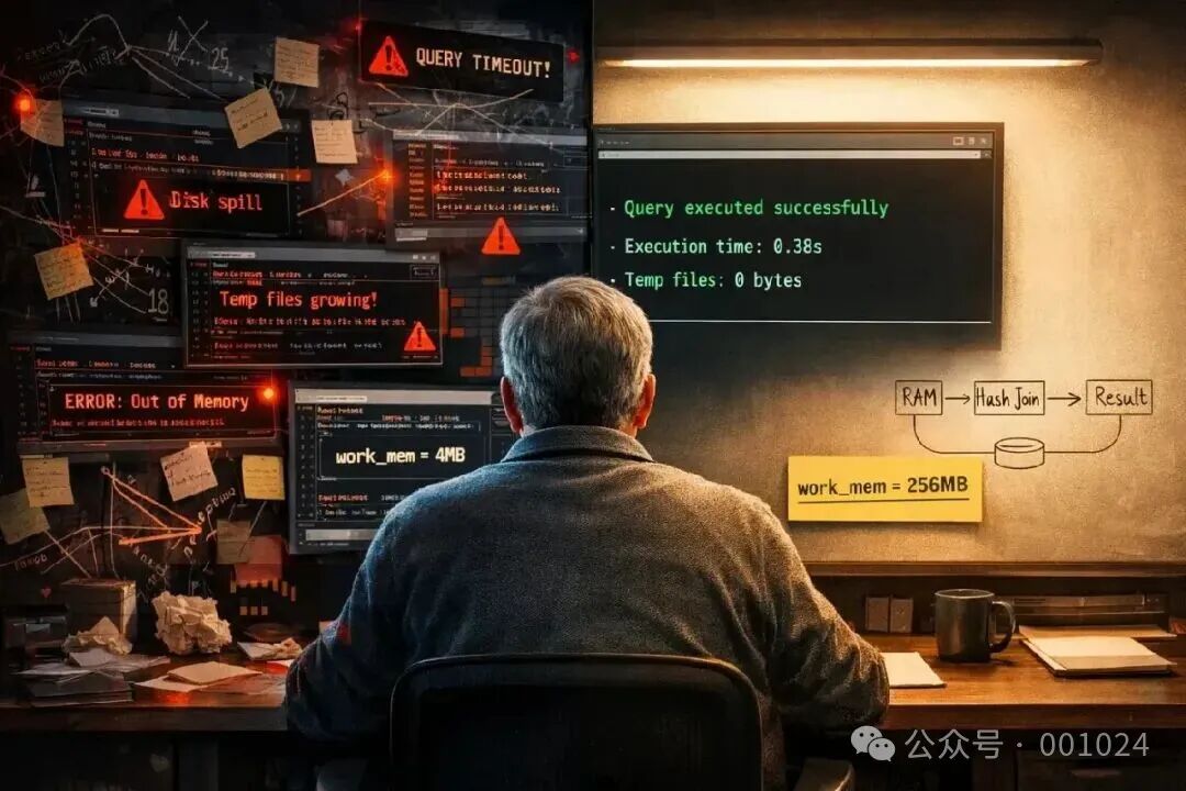 PostgreSQL work_mem配置调整前后性能对比示意图