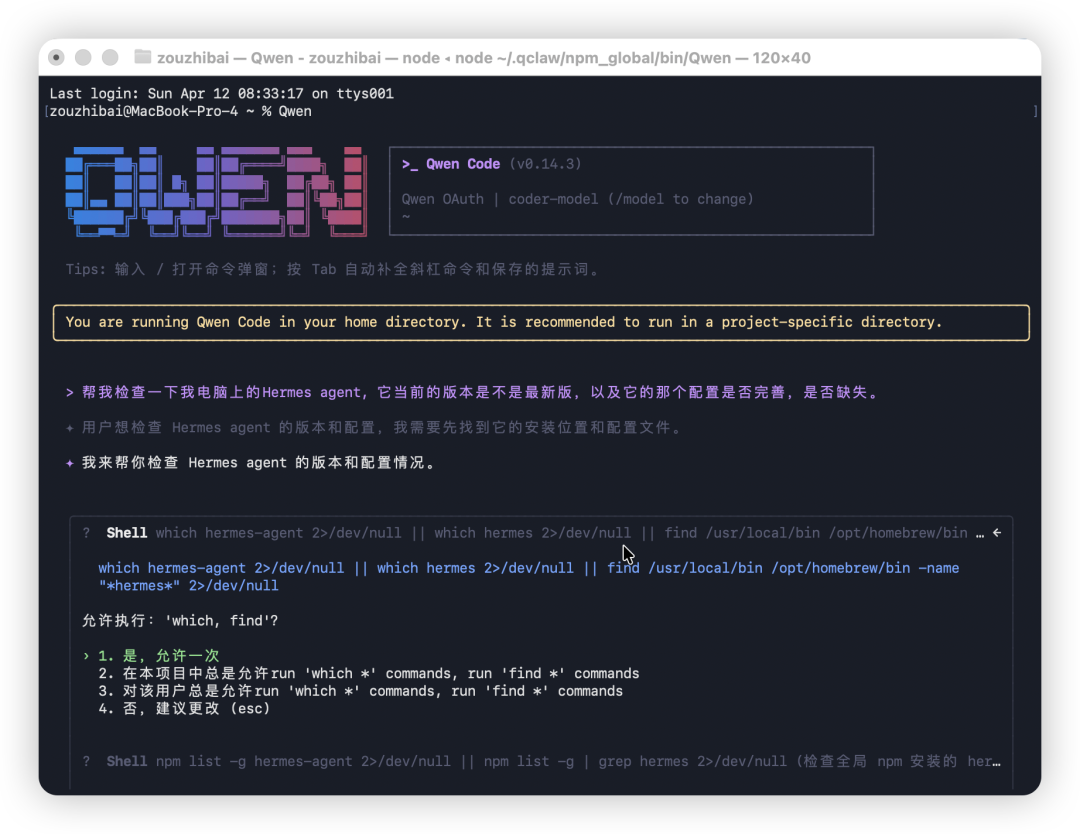使用Qwen Code检查Hermes Agent版本和配置