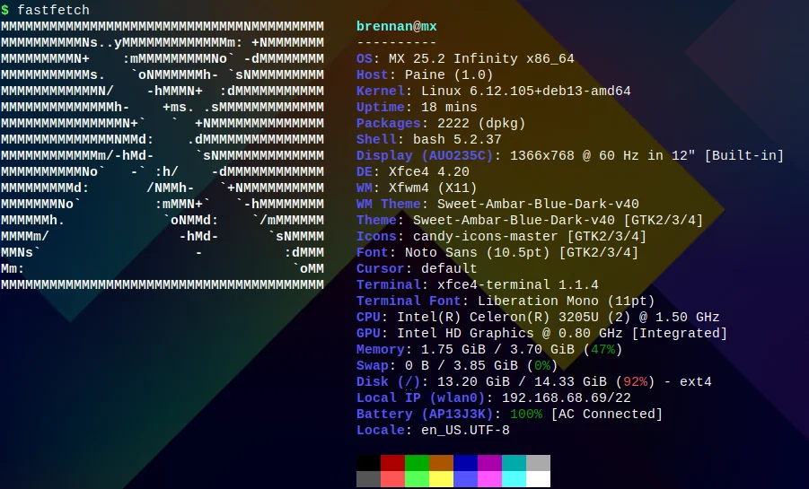 MX Linux 终端 fastfetch 系统信息输出截图
