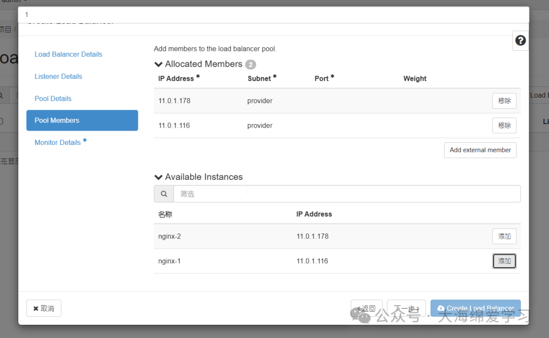 Pool Members页，“Allocated Members”已显示两个IP地址，下方可移除