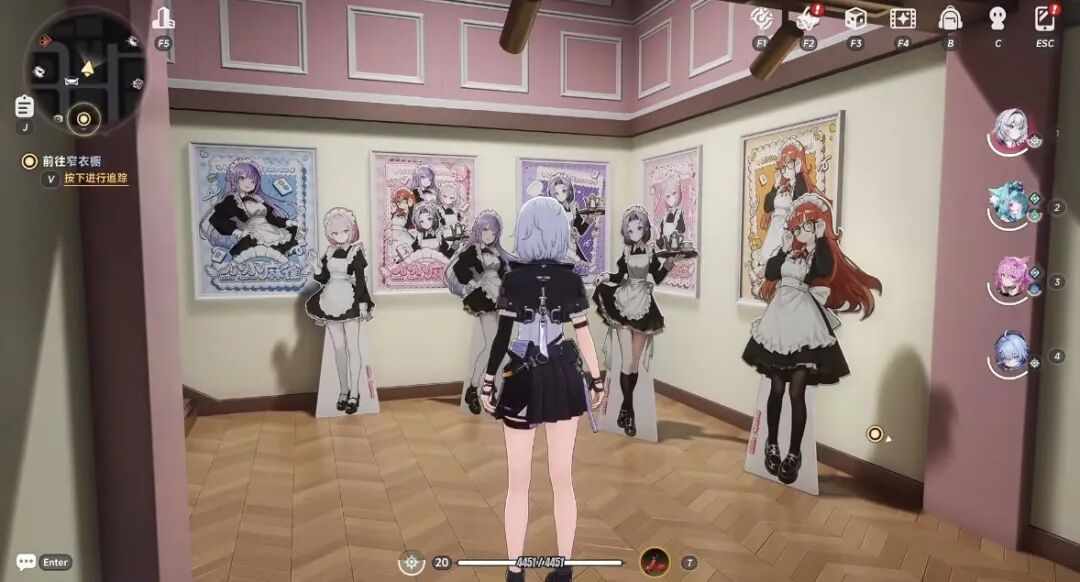 《异环》游戏内角色在室内走廊场景，墙上海报与地面木地板