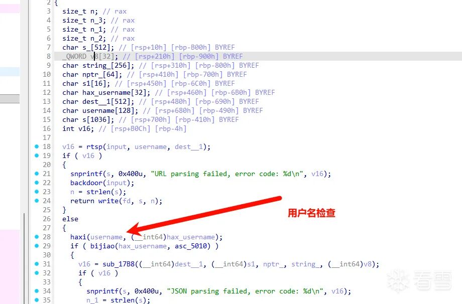 IDA 反汇编界面，显示用户名检查逻辑，红色箭头指向"用户名检查"注释行