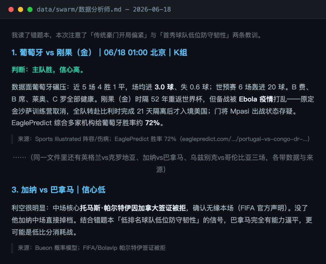 数据分析师独立分析文件内容截图,包含葡萄牙vs刚果(金)等多场比赛的数据判断和来源标注