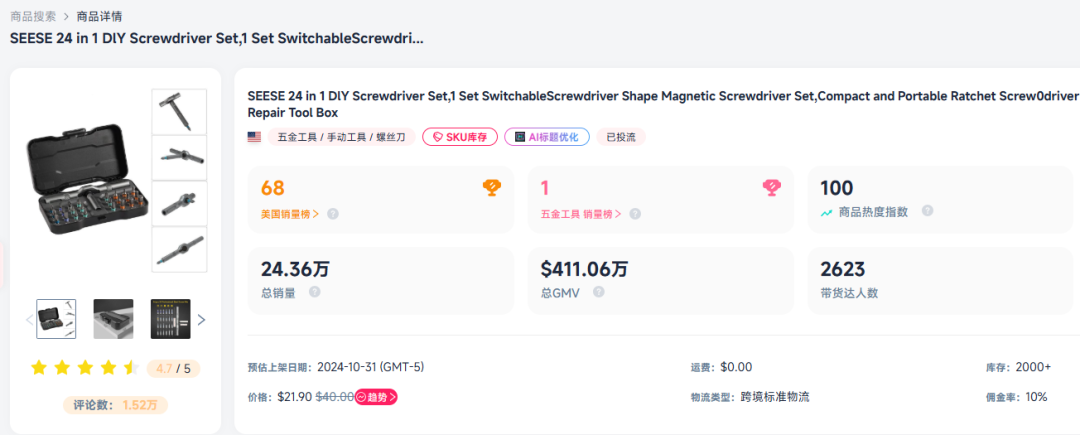 SEESE 24合1多功能螺丝刀套装商品详情页，显示销量、GMV等数据