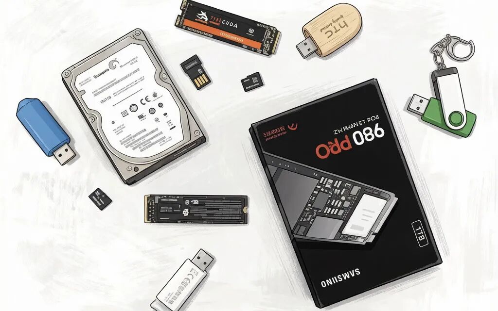 多种存储设备（硬盘、U盘、SD卡）的趣味俯视插画