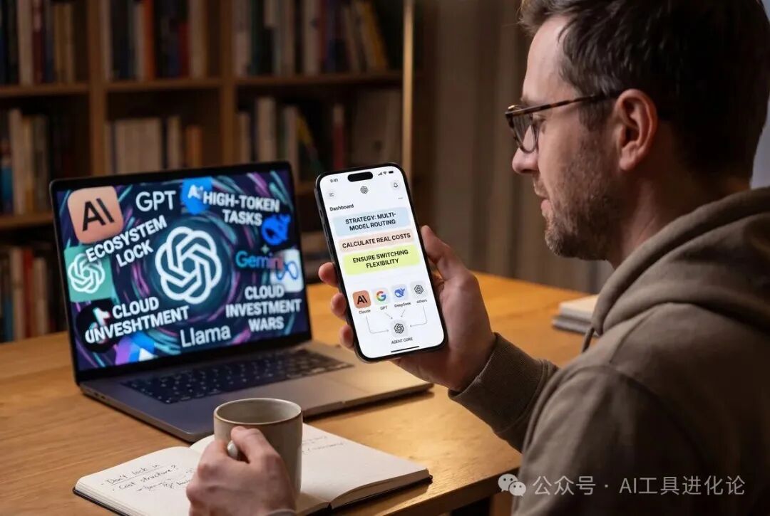 一名开发者在书桌前，面前笔记本屏幕显示AI生态系统锁、多模型路由策略及成本计算等字样的示意图