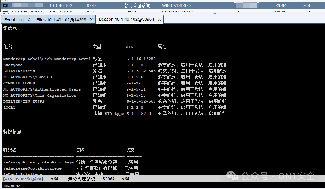 Beacon工具中查看组和特权信息截图