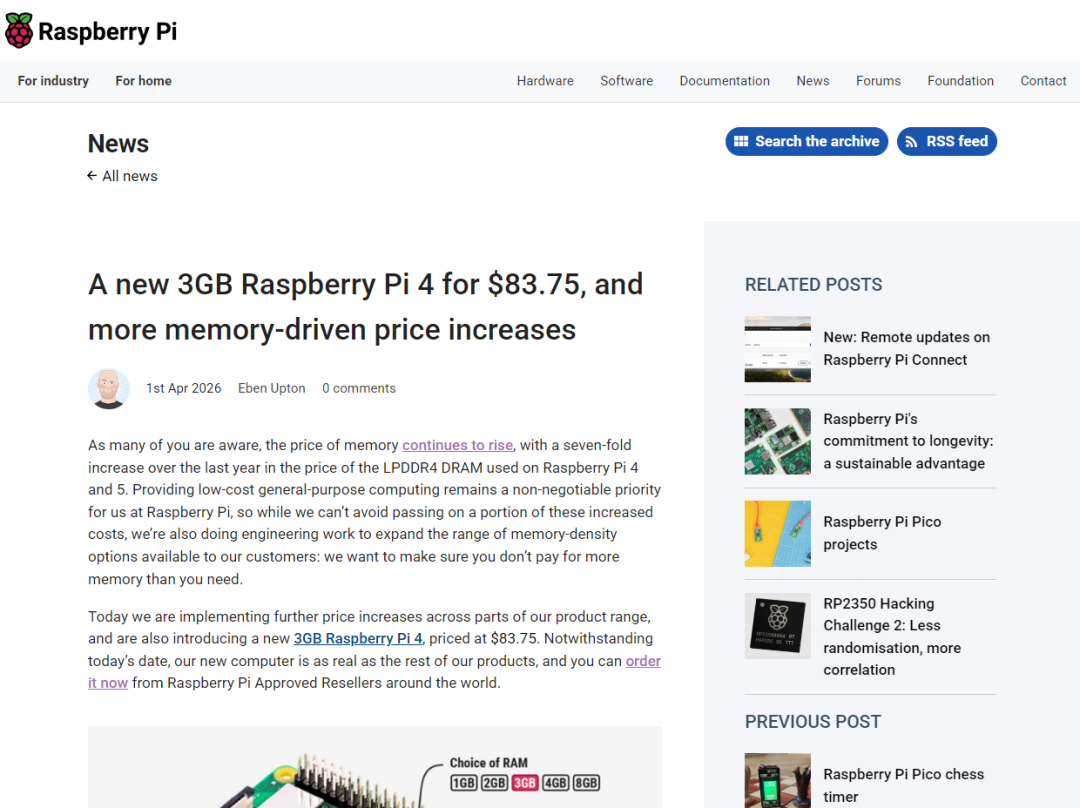 树莓派官方公告截图:新增3GB版本Raspberry Pi 4