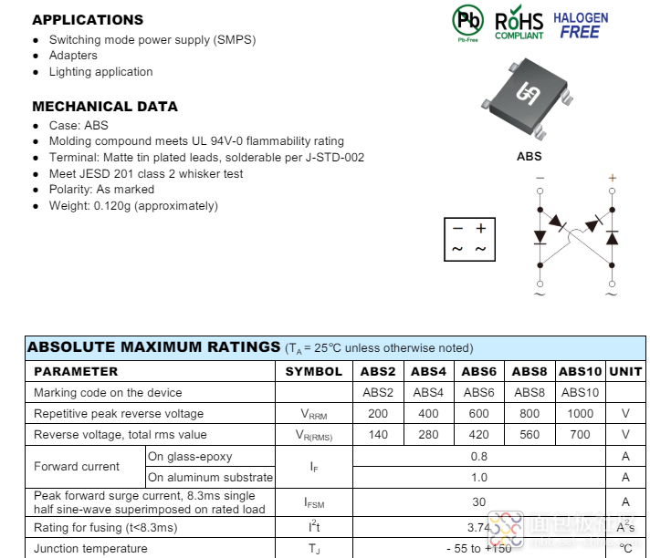 ABS10整流桥数据手册参数页