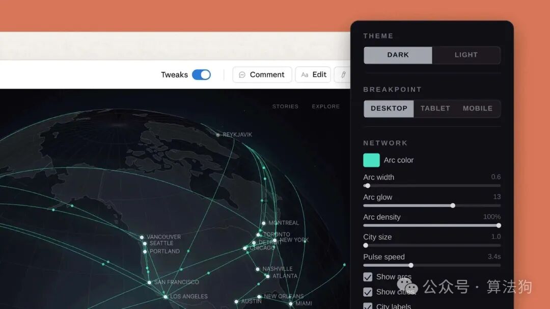 Claude Design界面截图，展示可交互的数据可视化地图与调节面板