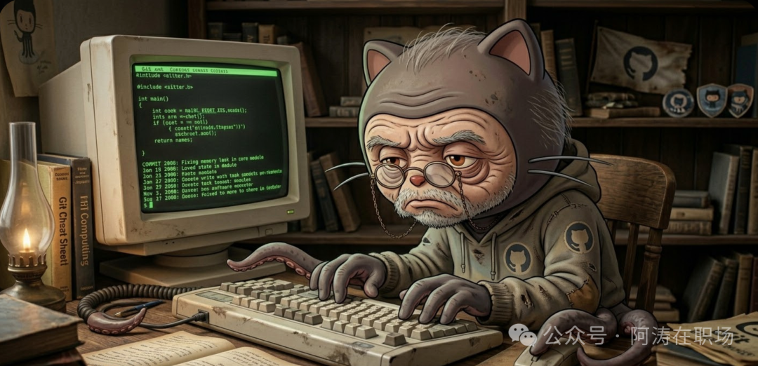 一位资深程序员在复古环境下的工作场景