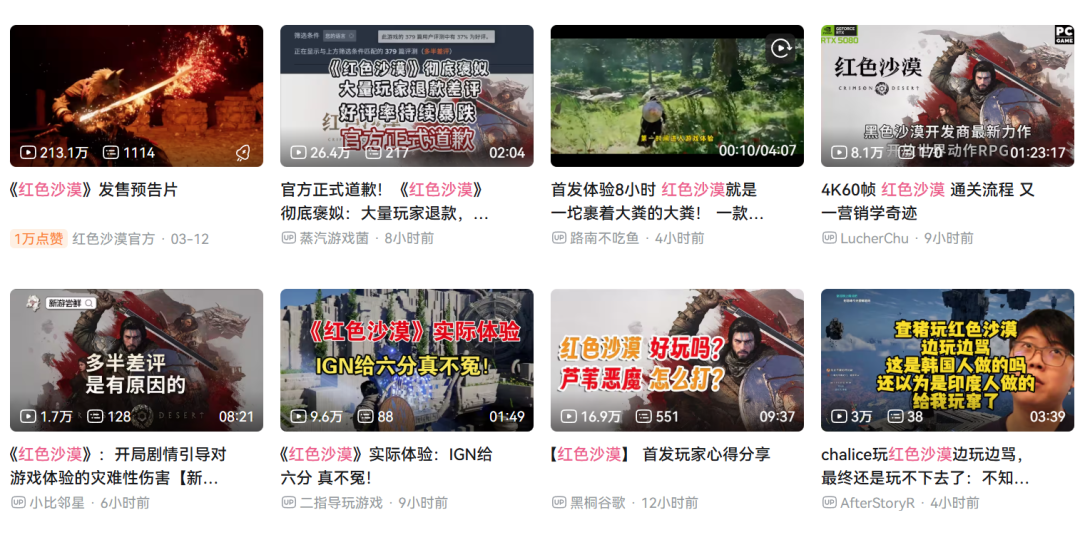 关于《红色沙漠》的多个视频评测缩略图合集