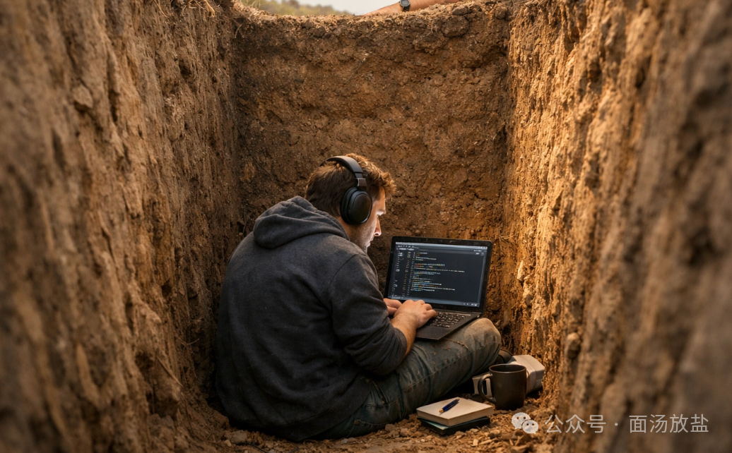 在地下坑道中编程的程序员,象征封闭