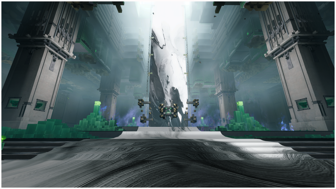 展现科幻风格巨型建筑与悬浮机械装置的场景