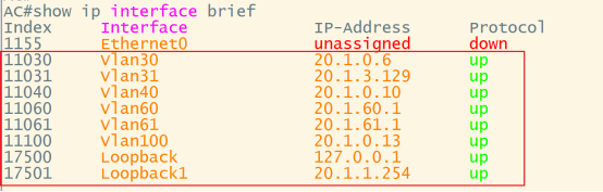 AC交换机show ip interface brief输出,显示VLAN接口IP地址