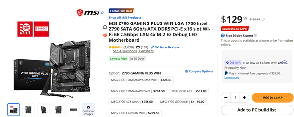 新蛋平台微星Z790 GAMING PLUS WIFI商品页，显示售价为129.99美元