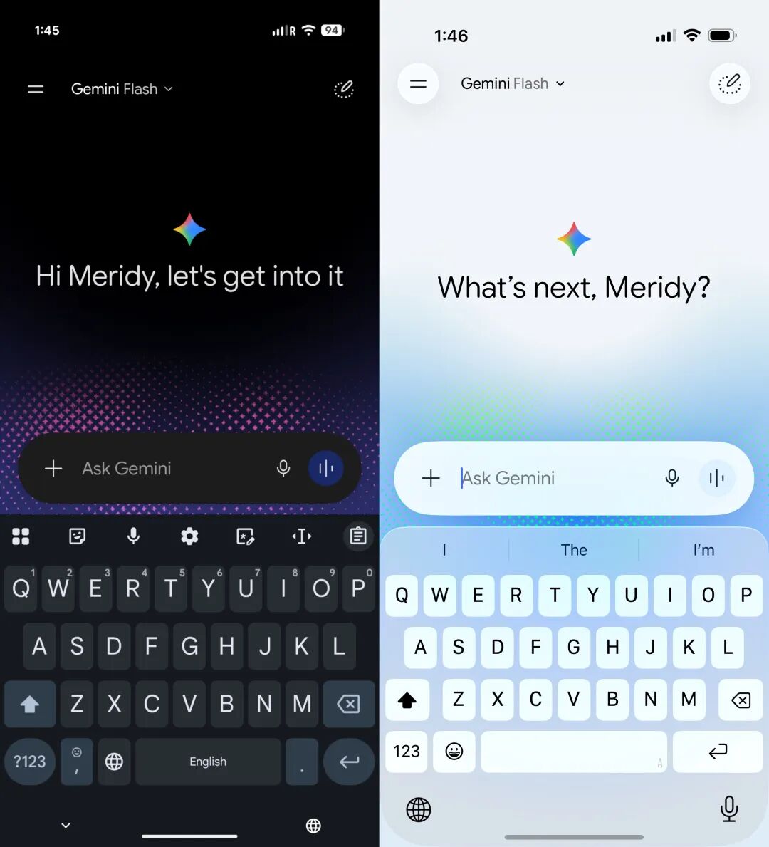 Gemini App 深浅模式界面对比,展示新字体与粒子效果