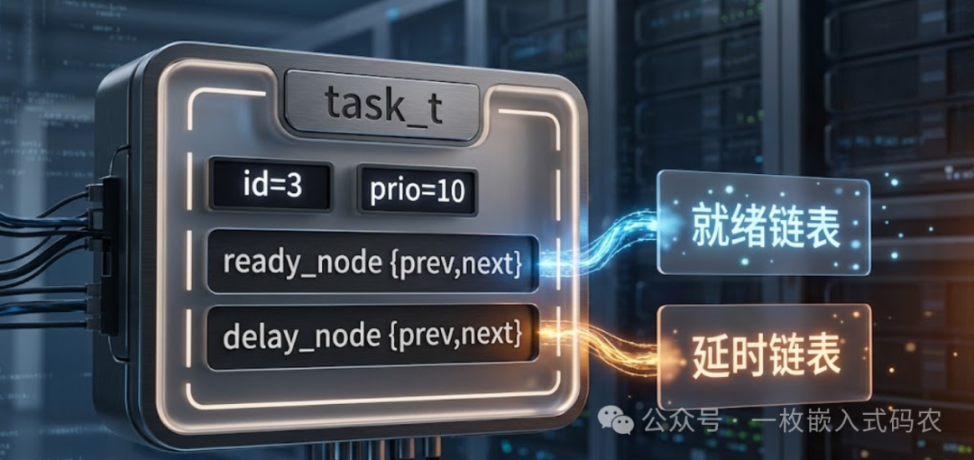 侵入式链表示意图，一个任务结构体同时嵌入就绪链表和延时链表节点