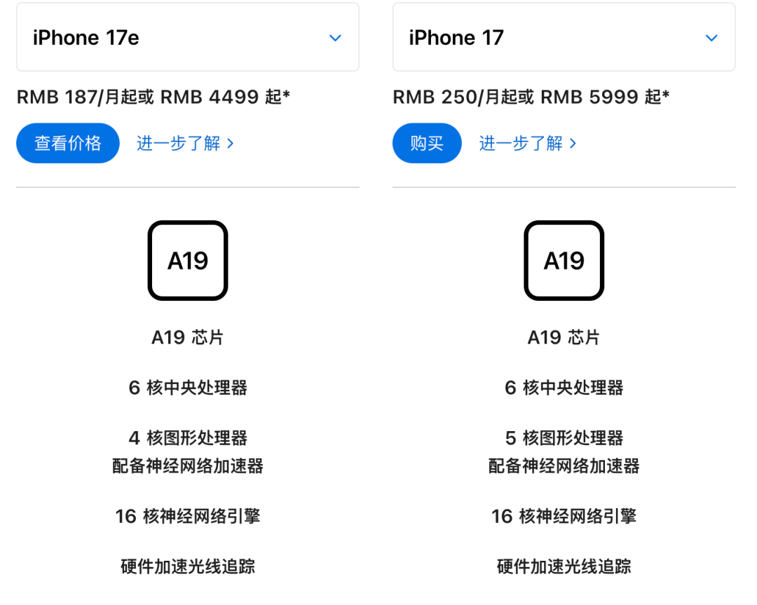 iPhone 17e与iPhone 17规格对比图,突出GPU差异