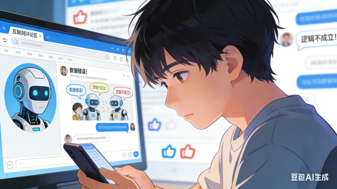 一位专注看电脑的男性,屏幕上显示着“互联网评论区”和机器人的对话