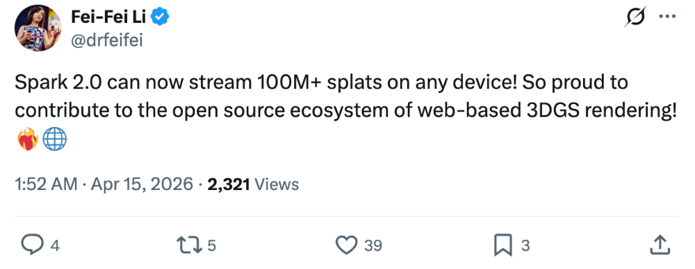 李飞飞关于Spark 2.0的评论推文截图
