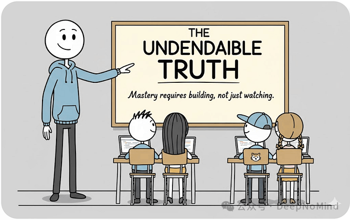 一位教师站在黑板前讲解“精通源于构建而非观看”