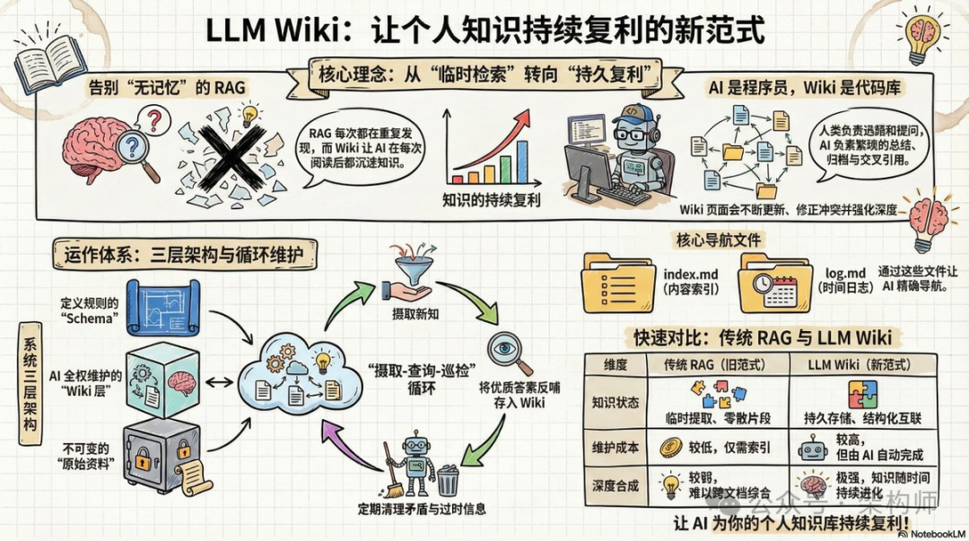 LLM Wiki 与传统知识库对比信息图