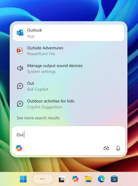 Windows 11开始菜单搜索界面展示“Out”关键词的搜索结果
