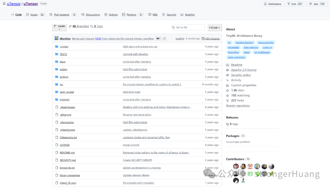 uTensor GitHub仓库首页截图，展示了项目结构和提交记录