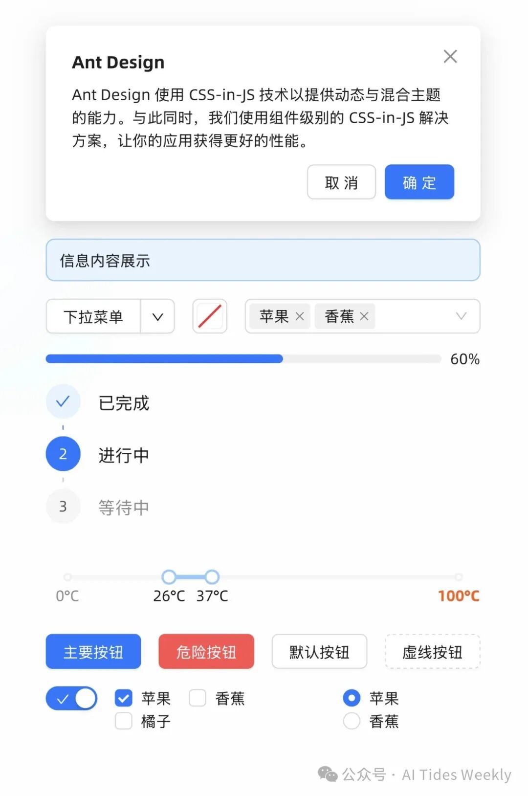 Ant Design v6+ 组件库与 CSS-in-JS 主题能力展示