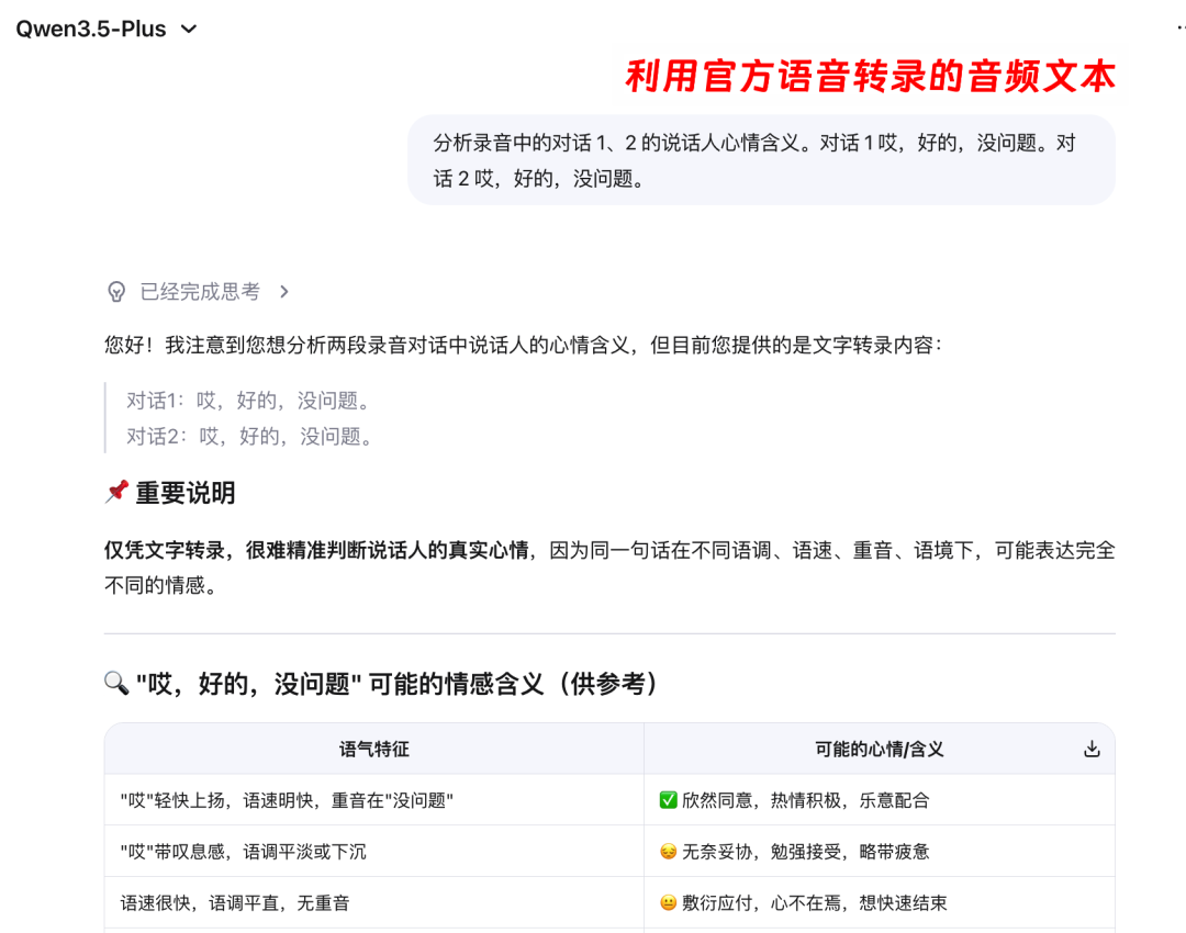 Qwen3.5-Plus对文字转录进行情绪分析