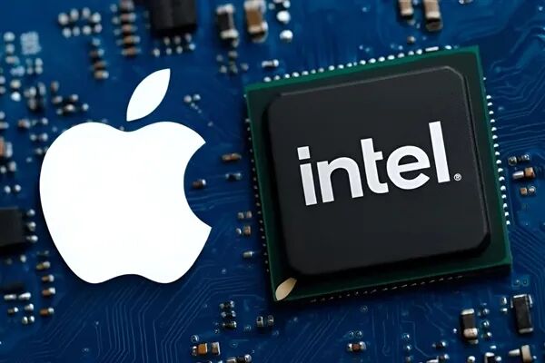 Intel 芯片与苹果标志的电路板背景图