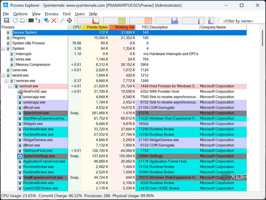 Process Explorer 进程列表界面 CPU 与内存占用