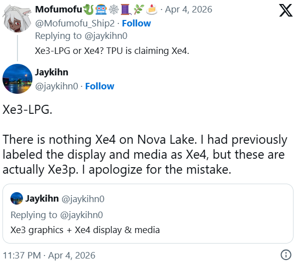 关于Nova Lake核显规格的社交媒体讨论截图