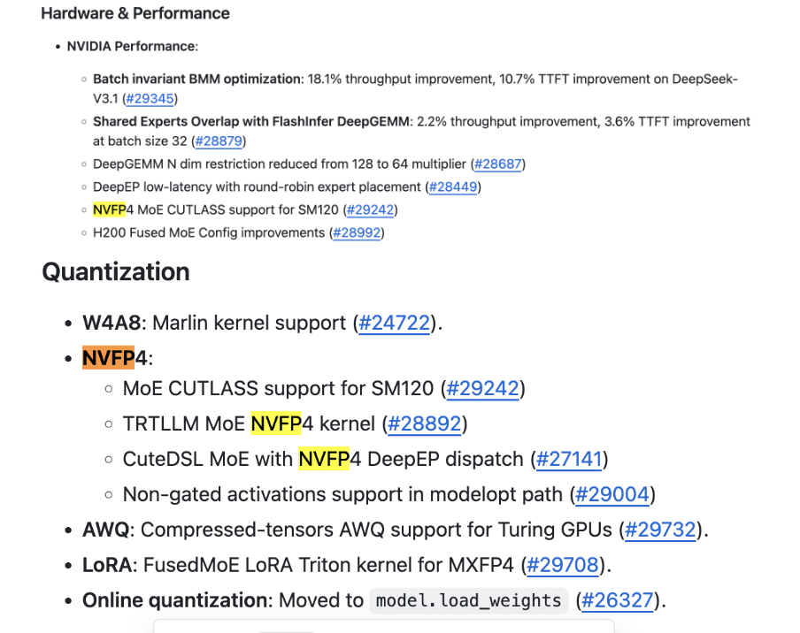 技术文档截图:NVFP4 MoE CUTLASS支持、TRTLLM内核、CuteDSL调度等优化细节